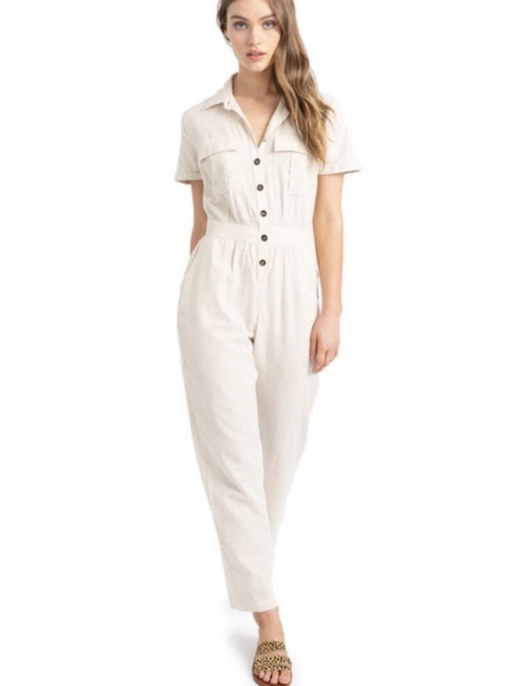 Roxy Beach Wonderland Tapioca Short-Sleeve Jumpsuit with Tie Waist